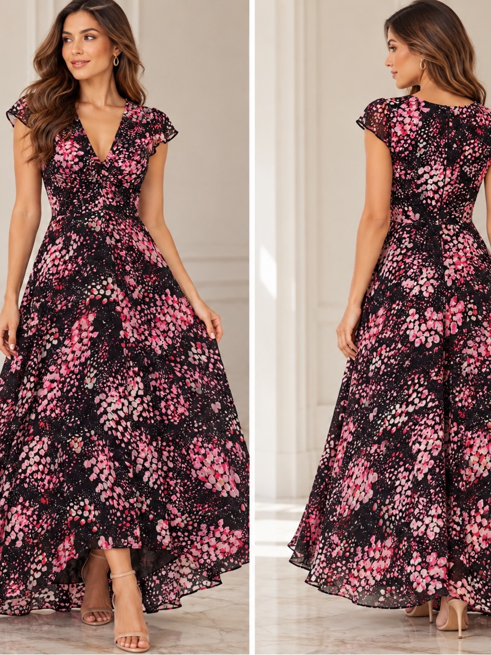 Reiss Black and Pink Floral V-Neck Maxi Dress